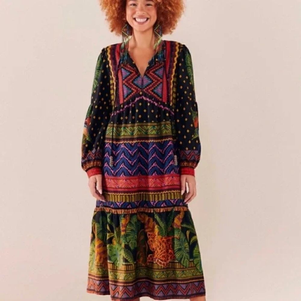 Farm Rio Forest Tapestry Split-Neck Midi Dress Size Small NWT